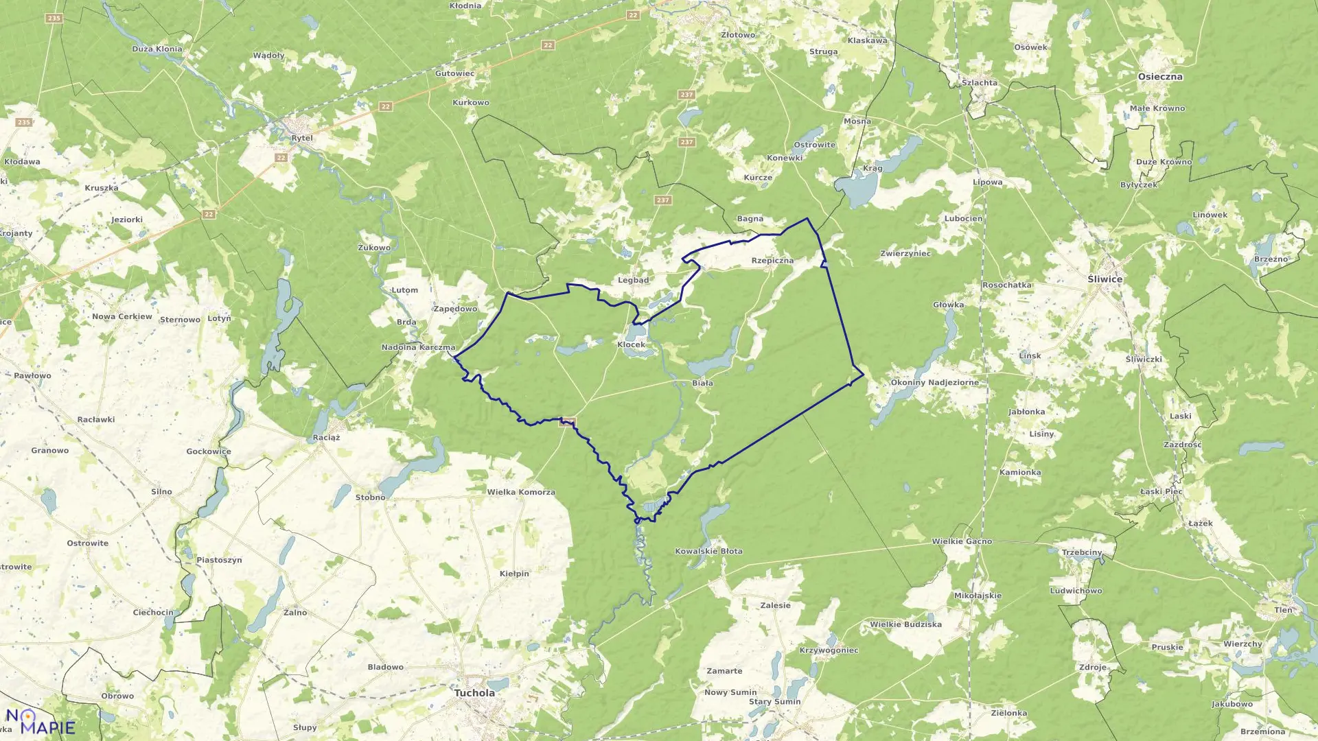 Mapa obrębu Klocek w gminie Tuchola